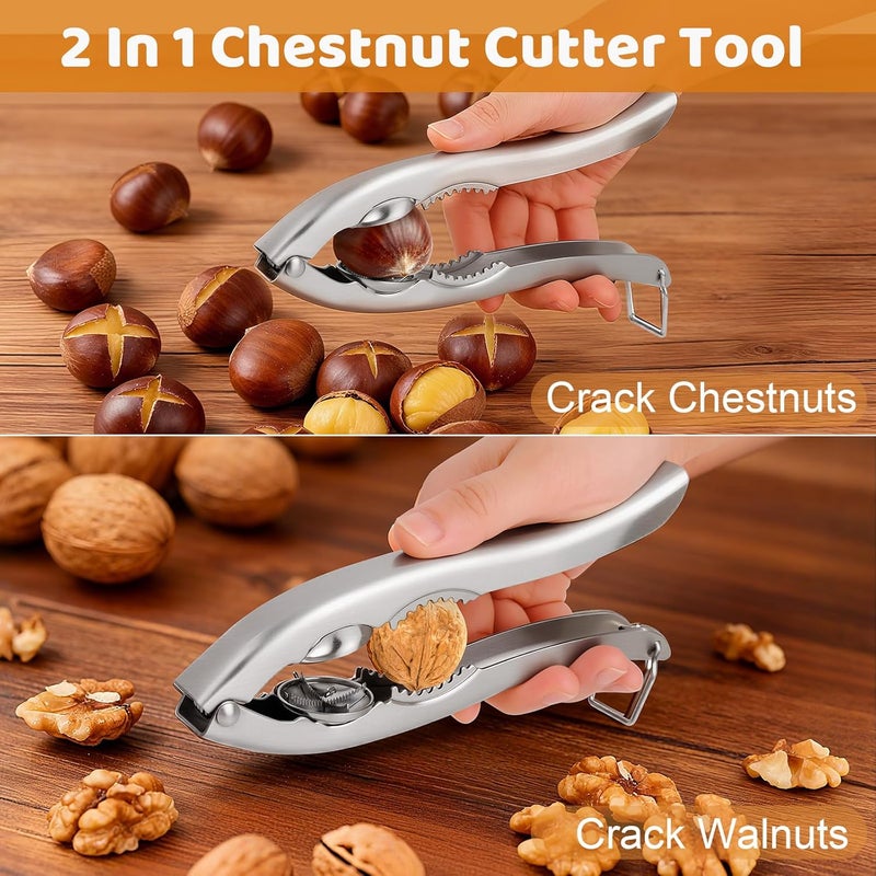 Sanchamy Upgraded 2 In 1 Chestnut Cutter Tool and Nut Cracker for All Nuts 304 Stainless Steel Walnut Cracker Chestnut Opener with 2 Picks and 2 Finger Armors - Image 2